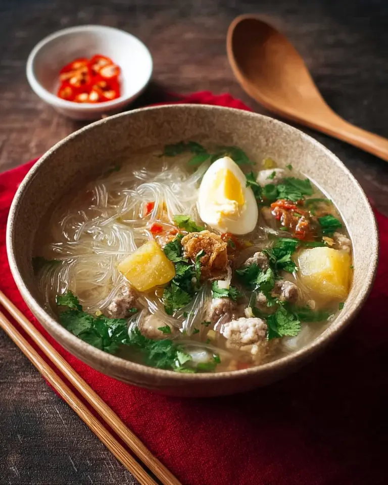 Bowl of Thai Glass Noodle Soup garnished with herbs and vegetables