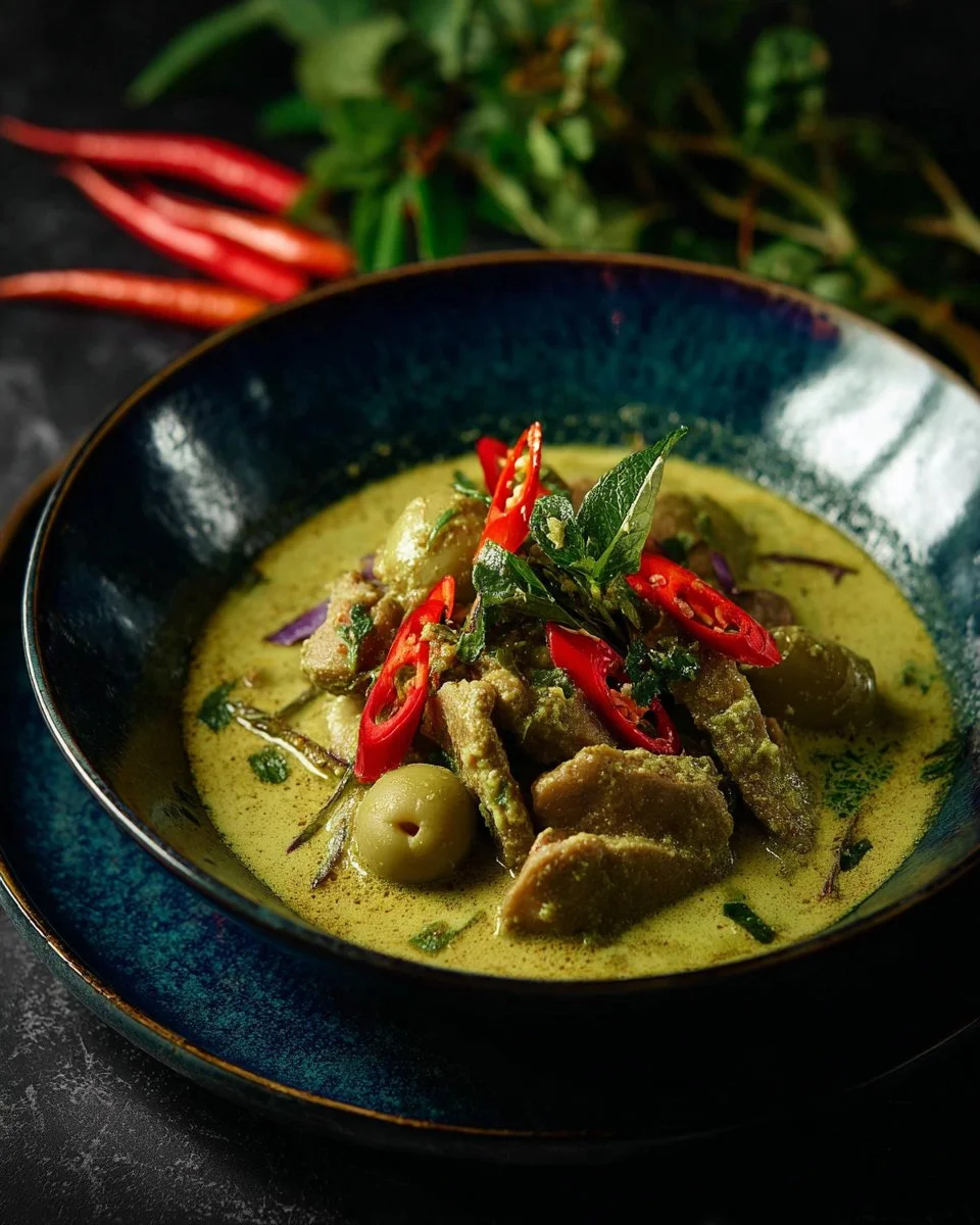 Dish of Thai green beef curry with fresh herbs and rice
