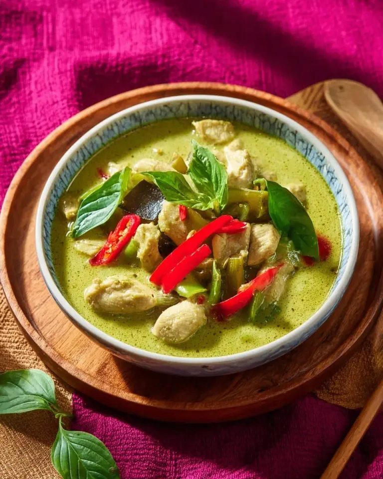 A delicious bowl of Thai Green Curry with Chicken garnished with fresh herbs.