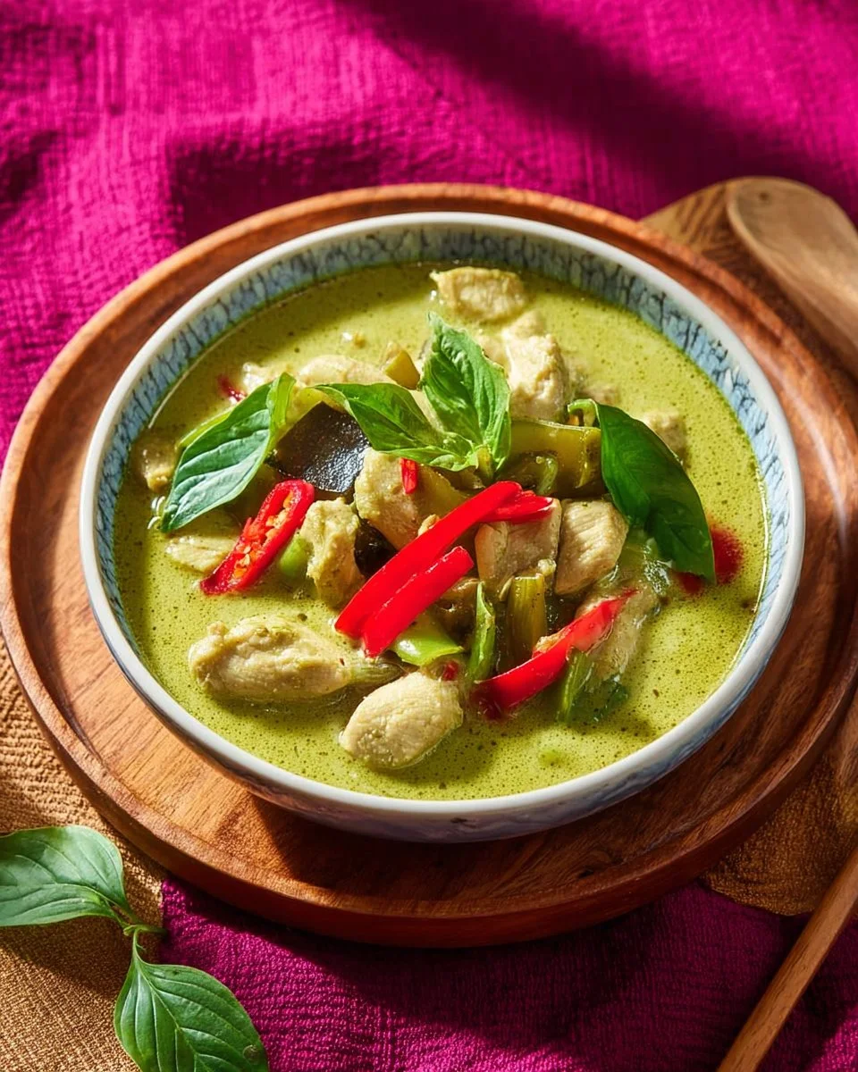 A delicious bowl of Thai Green Curry with Chicken garnished with fresh herbs.