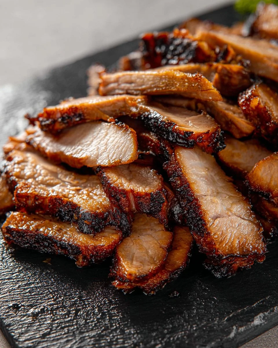 Delicious Thai grilled pork neck served with herbs and dipping sauce.