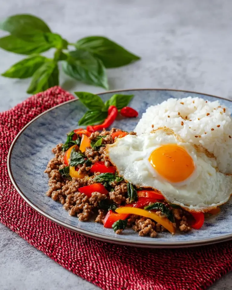 Pad Kra Pao stir fry with beef and holy basil on a plate