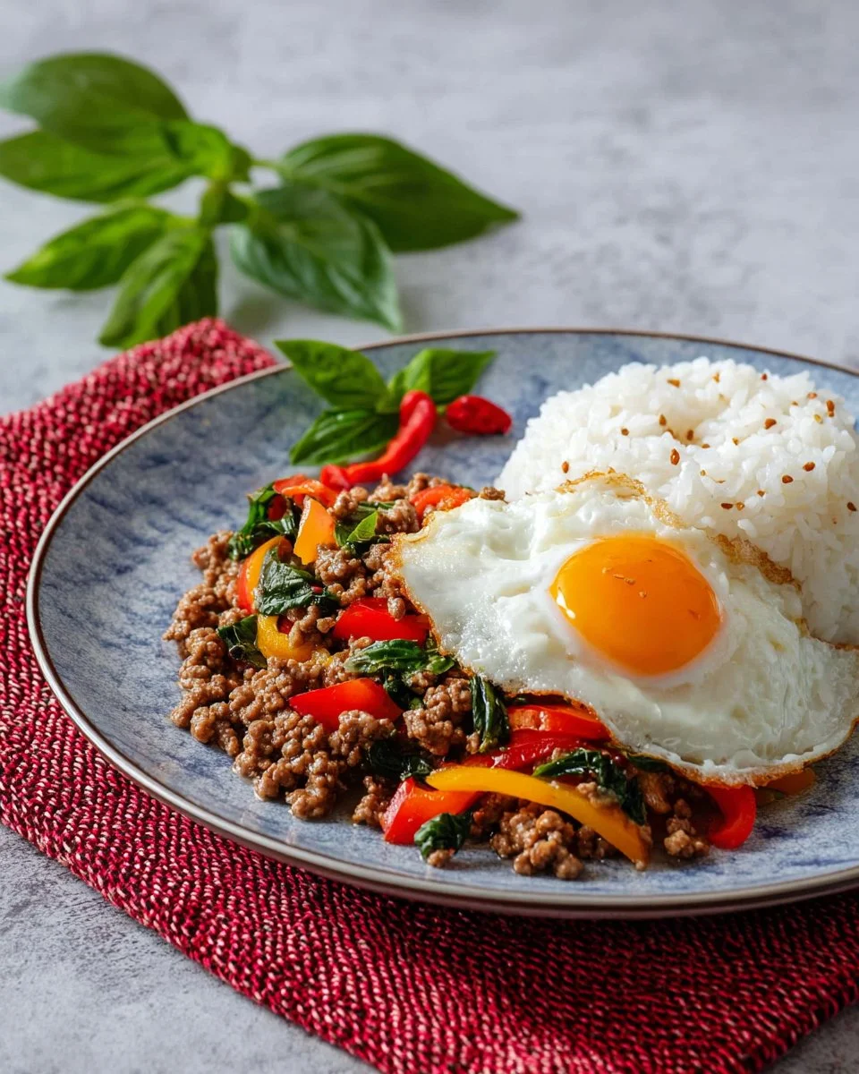Pad Kra Pao stir fry with beef and holy basil on a plate