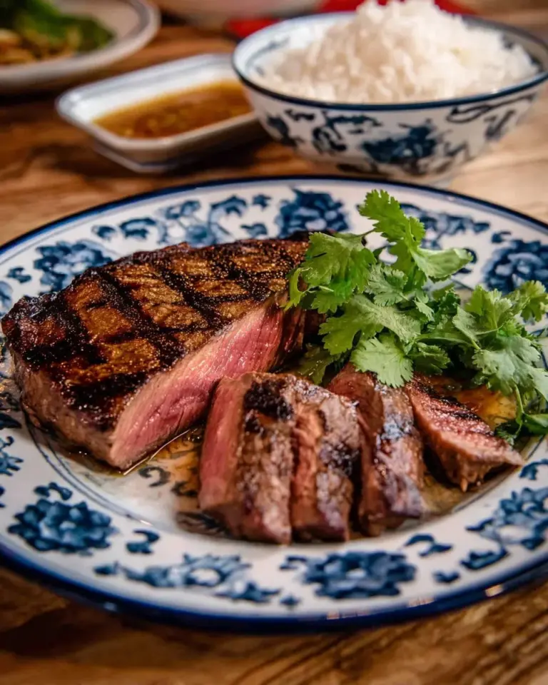 Delicious Thai Marinated Grilled Steak served with dipping sauce.