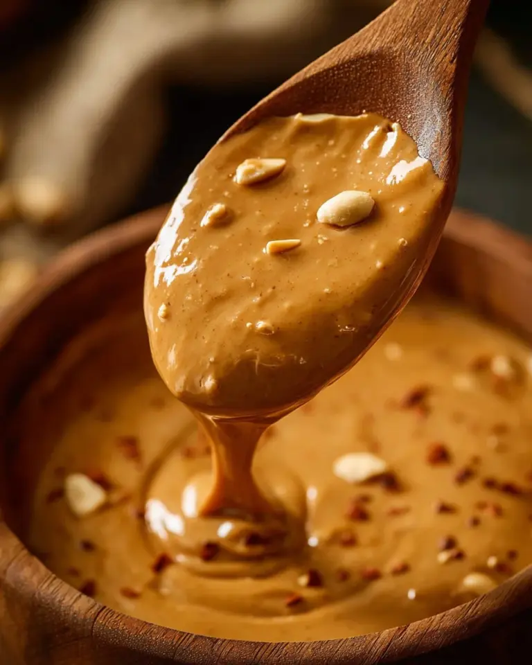 Bowl of Thai Peanut Sauce with garnishes on a wooden table.