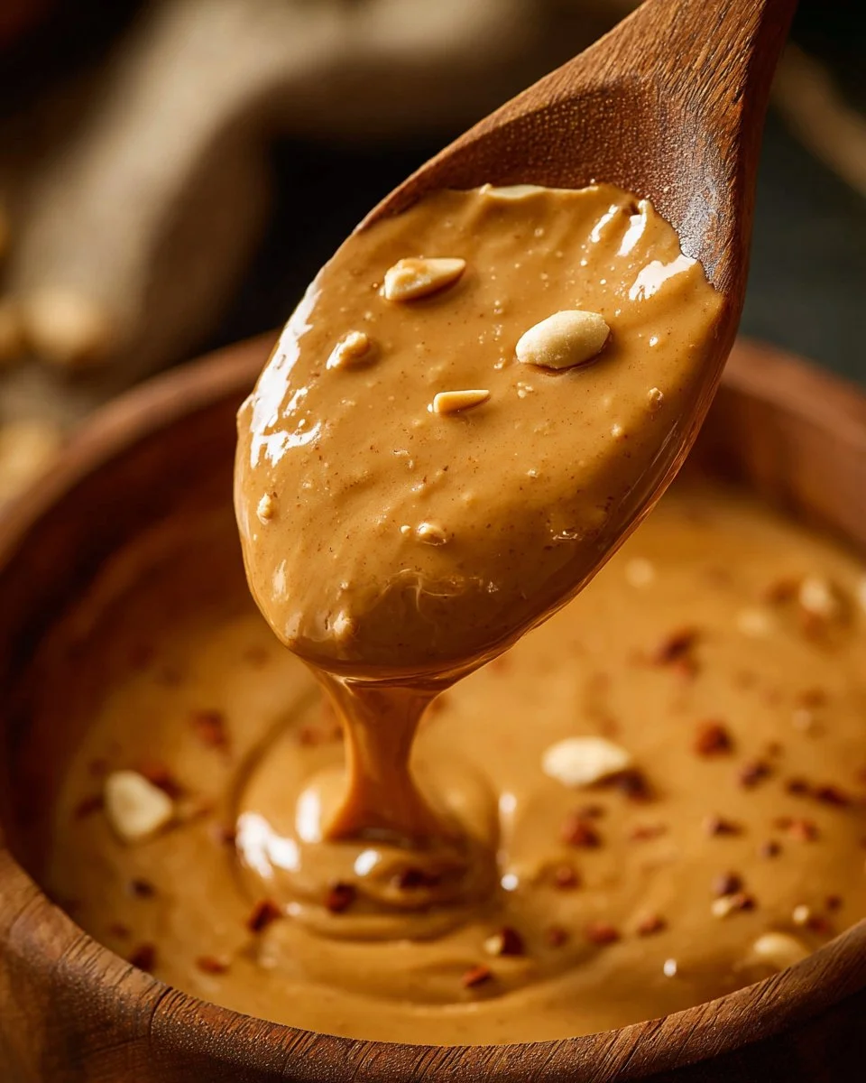 Bowl of Thai Peanut Sauce with garnishes on a wooden table.