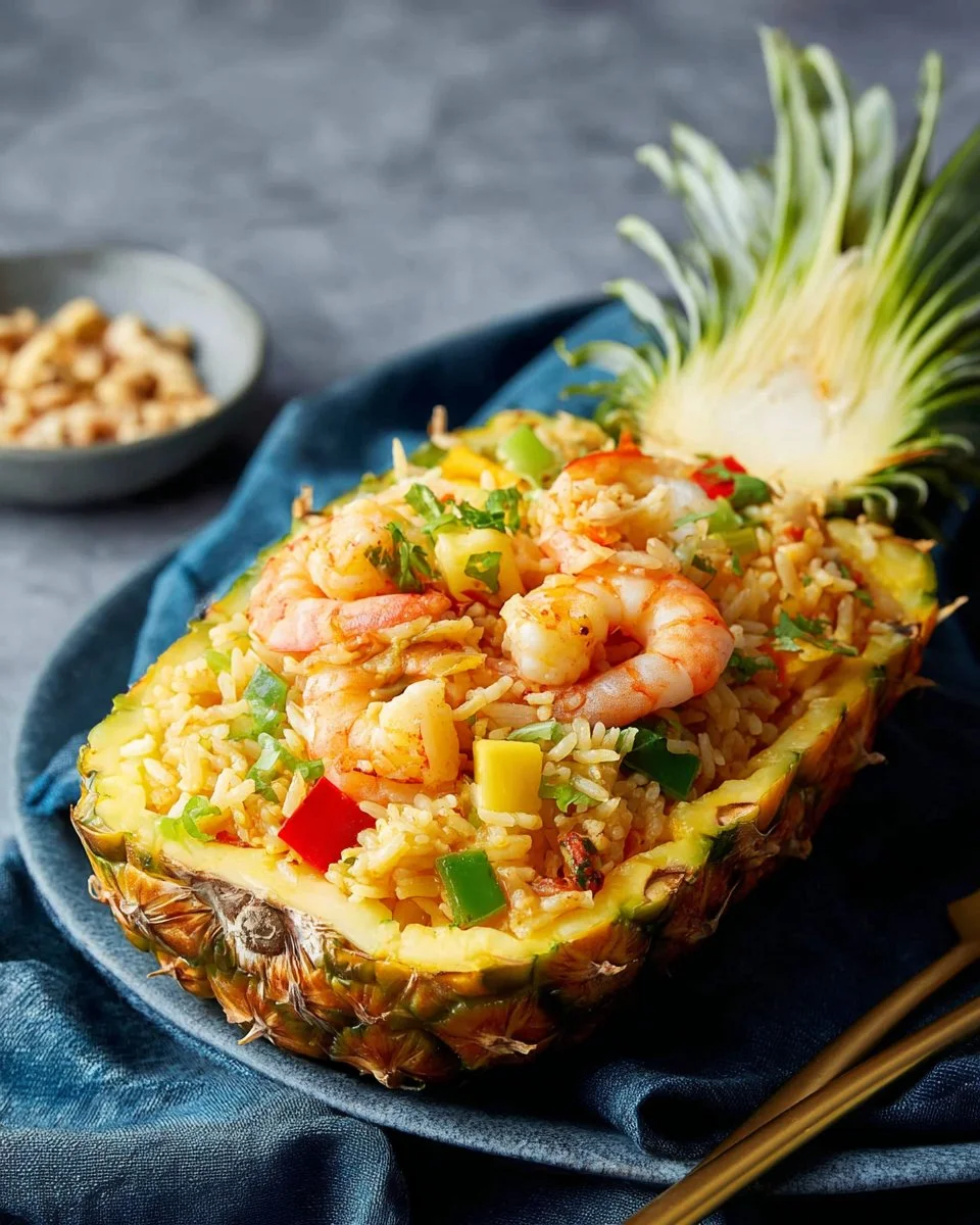 Delicious Thai Pineapple Fried Rice garnished with vegetables and spices
