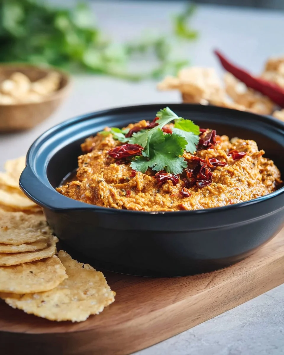 A bowl of Thai Pork and Peanut Dip served with fresh vegetables and crispy snacks.