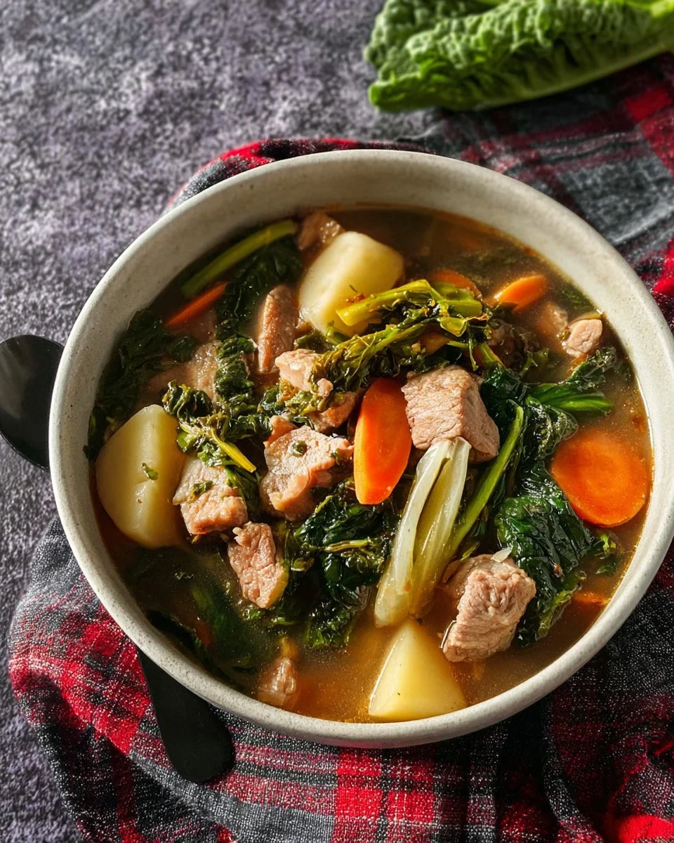Bowl of delicious Thai pork rib soup with herbs and spices.