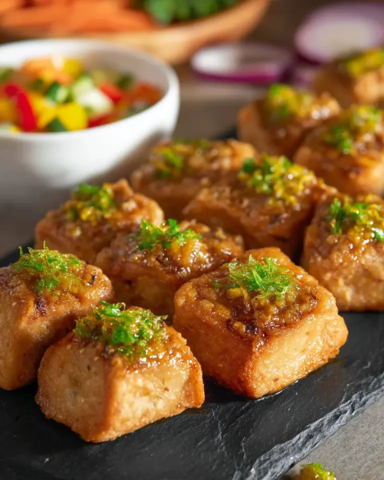 Plate of crispy Thai Pork Toasts with herbs and dipping sauce.