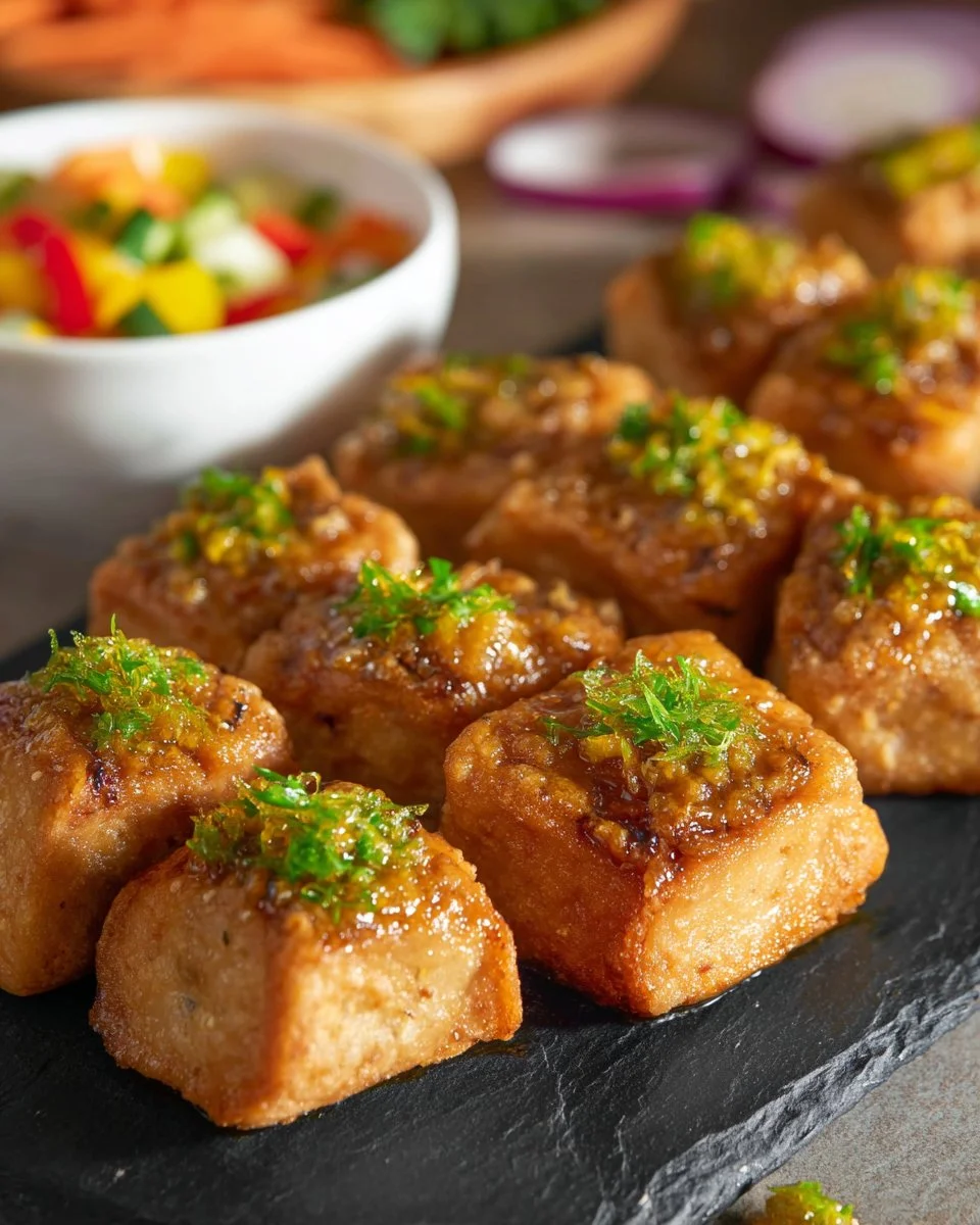 Plate of crispy Thai Pork Toasts with herbs and dipping sauce.
