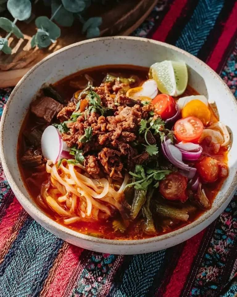 Delicious bowl of Kanom Jeen Nam Ngiew with pork and tomatoes