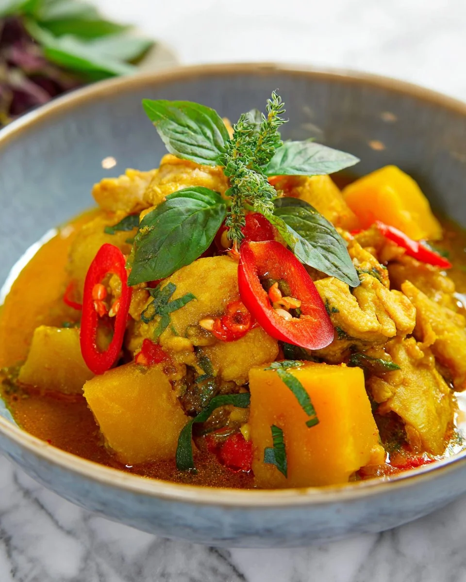 Delicious Thai Red Curry with Pumpkin served in a bowl