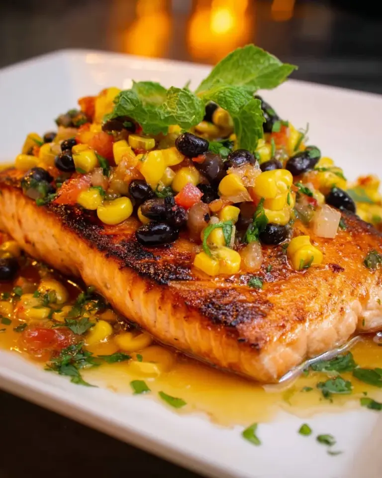 Thai Salmon fillet served with colorful Thai Corn Salsa on a plate