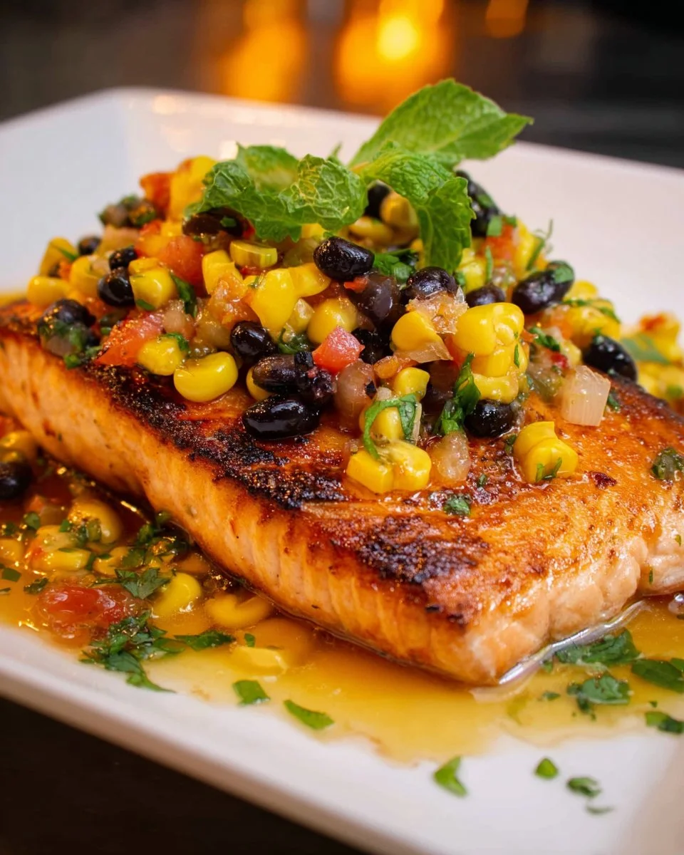 Thai Salmon fillet served with colorful Thai Corn Salsa on a plate