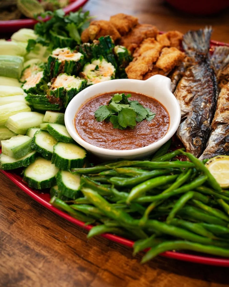 Thai shrimp paste dip served with vegetables and rice crackers