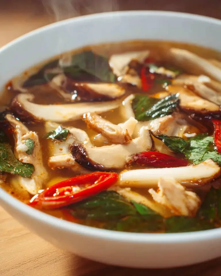 Delicious bowl of Tom Kloang, Thai smoky hot and sour soup garnished with herbs.