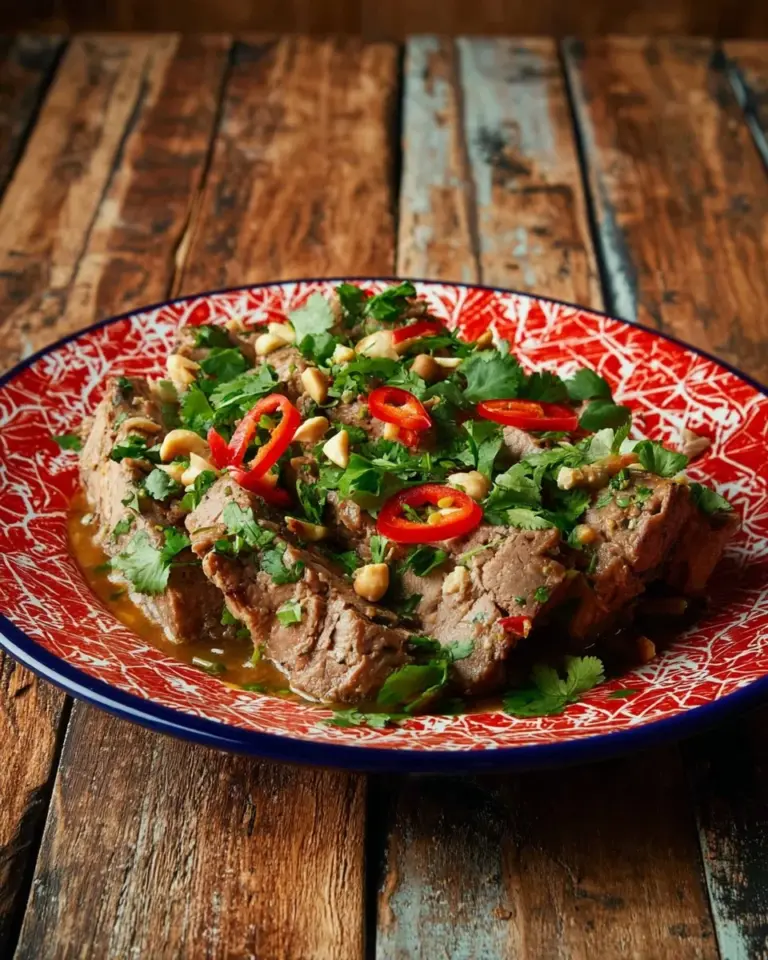 Bowl of Thai Spicy Pork Bone Soup, also known as Leng Saeb, garnished with herbs.