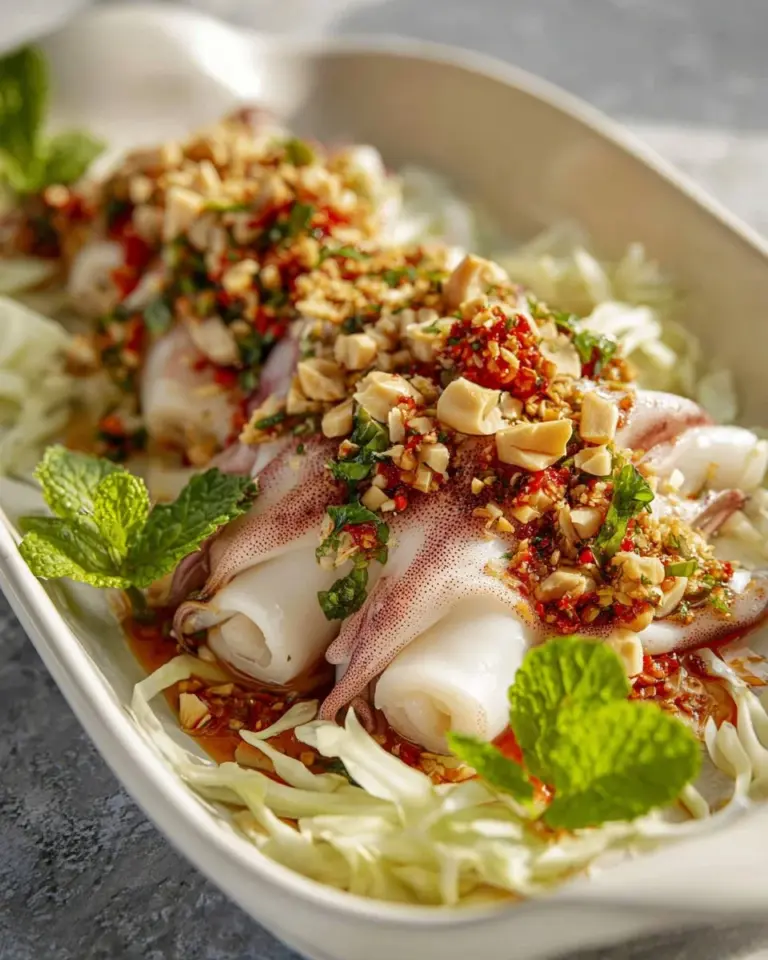 Plate of Thai steamed squid in lime sauce garnished with herbs
