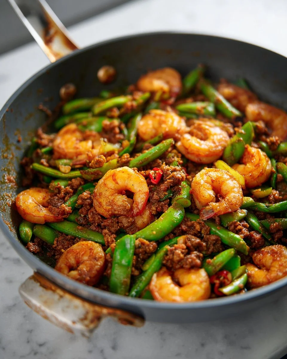 Delicious Thai Stink Bean Stir Fry (Pad Sataw) served with fresh ingredients.