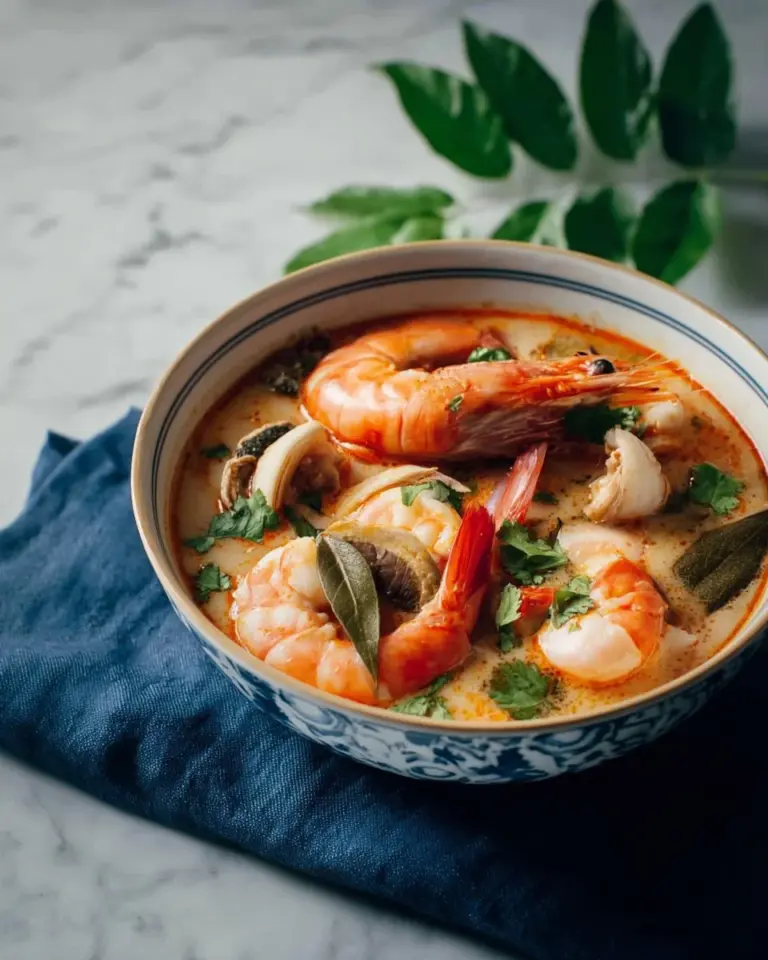 Bowl of Thai Tom Yum Soup with Shrimp garnished with herbs and chilies
