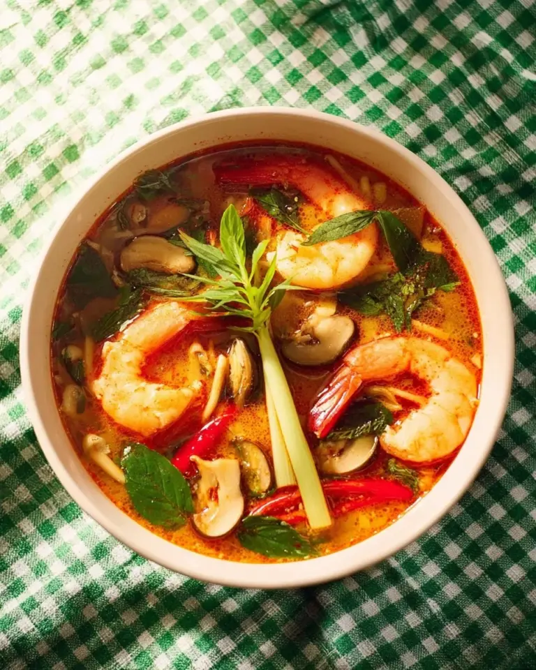 Creamy Thai Tom Yum Soup with shrimp served in a bowl