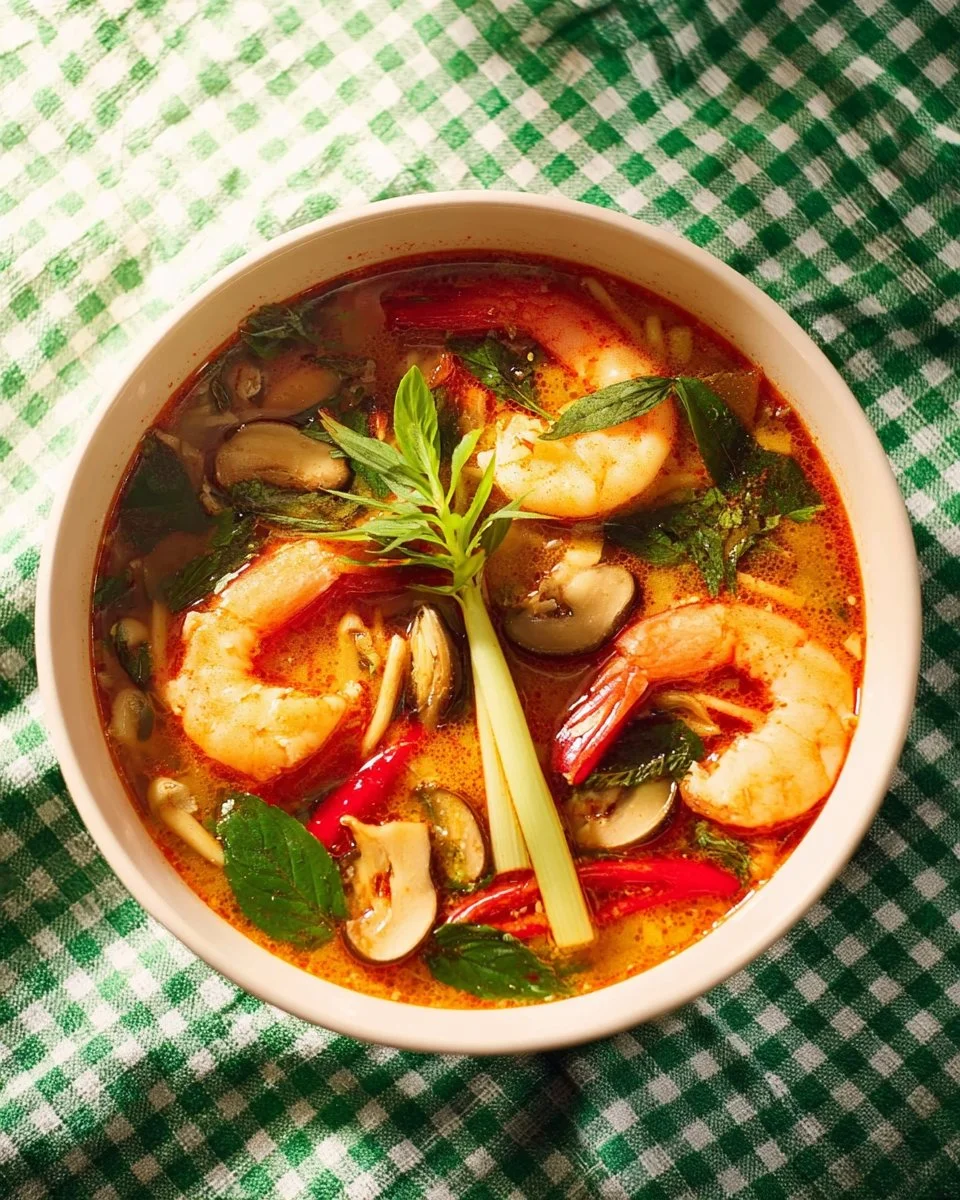 Creamy Thai Tom Yum Soup with shrimp served in a bowl