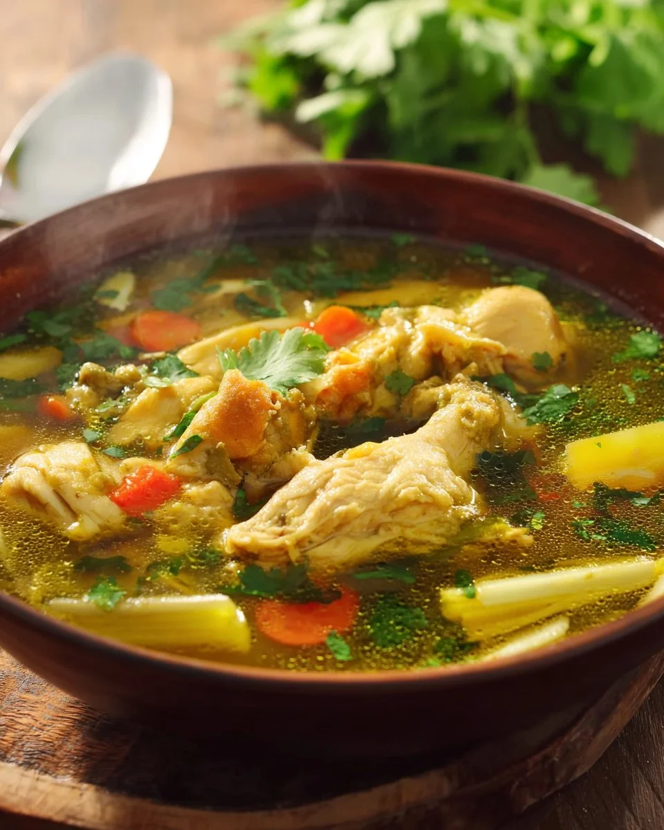 Bowl of Thai Turmeric Chicken Soup with fresh herbs and spices