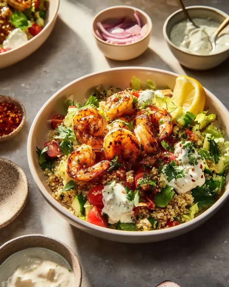Delicious Mediterranean shrimp bowls with fresh ingredients and vibrant colors.