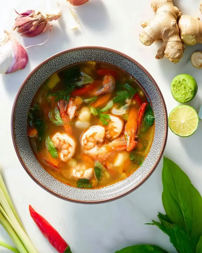 Bowl of traditional Tom Yum Goong soup with shrimp, herbs, and spices.