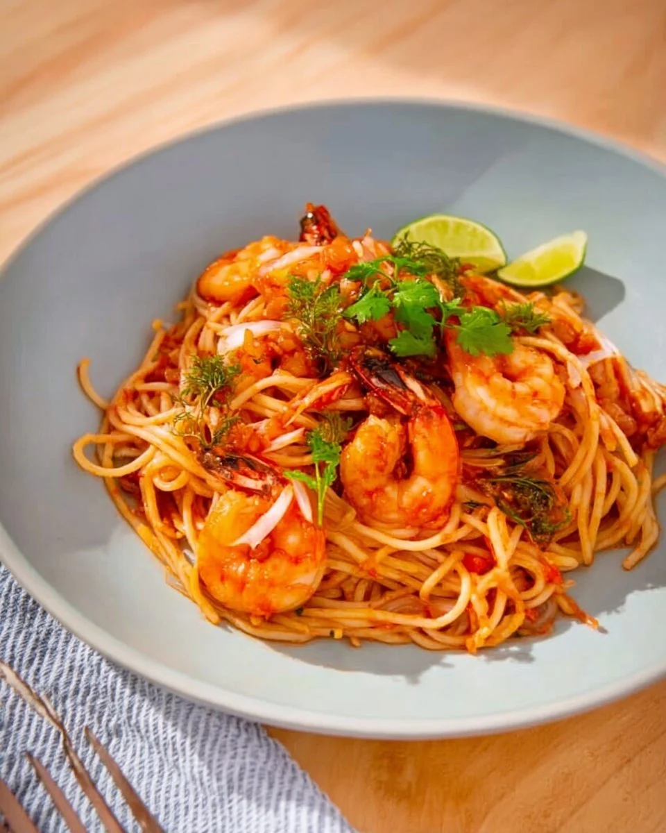 Tom Yum Spaghetti with Shrimp
