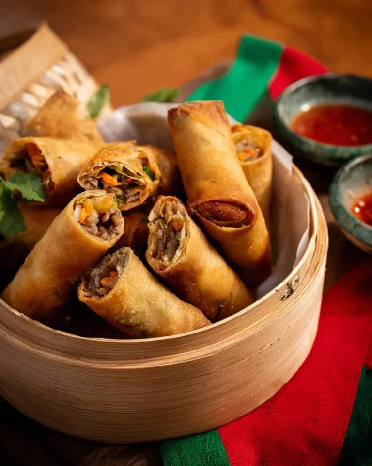 Plate of crispy veggie spring rolls with dipping sauce and fresh vegetables