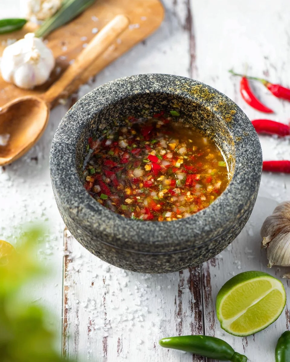 Zesty Thai Salad Dressing in a glass jar with fresh ingredients on the side