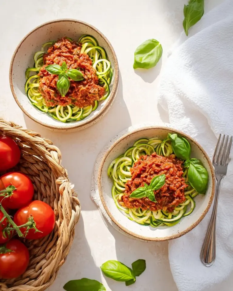 Delicious Zucchini Noodle Bolognese served in a bowl with fresh herbs.
