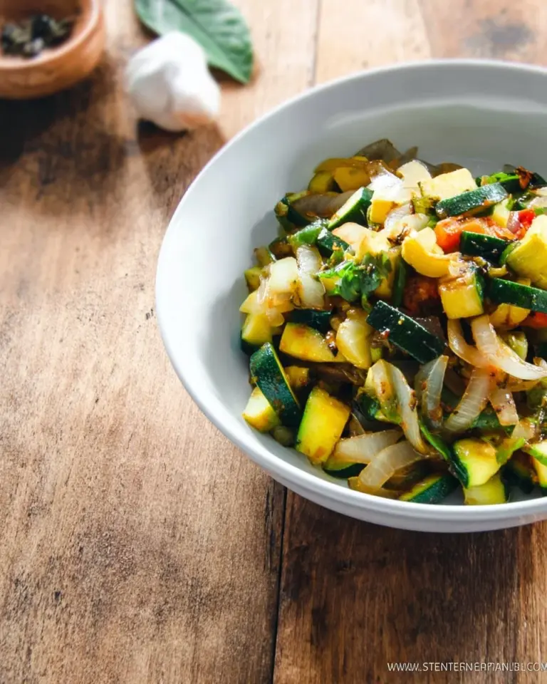 Sautéed zucchini and poblano peppers in a vibrant dish.