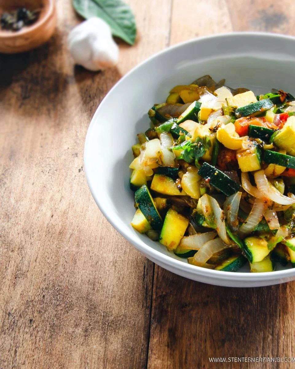 Sautéed zucchini and poblano peppers in a vibrant dish.