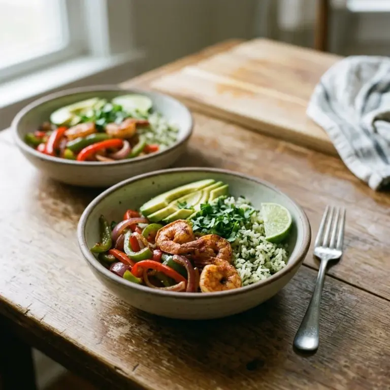 Colorful Fajita Shrimp Rice Bowl with vegetables and spices