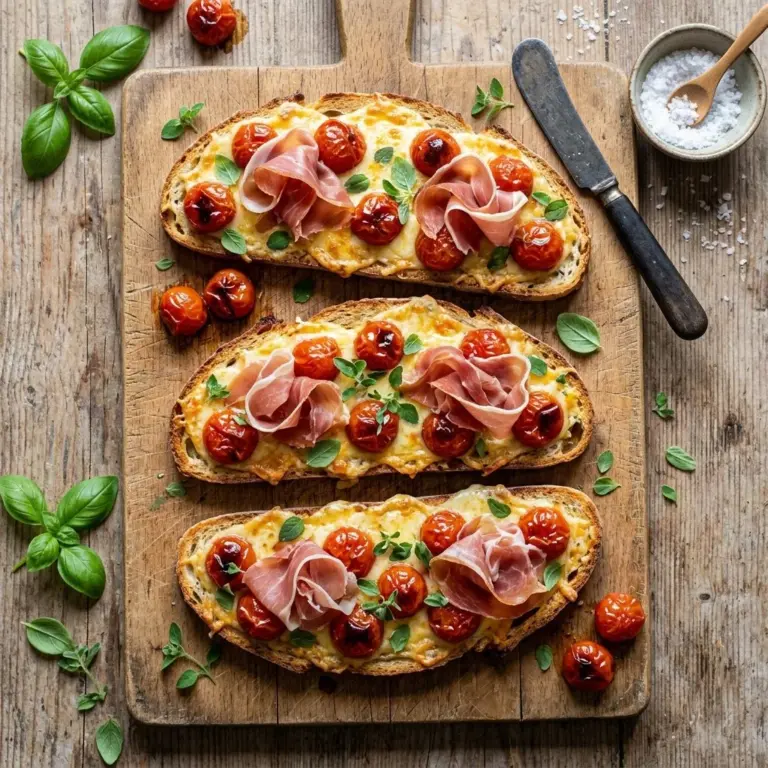 Delicious Baked Gruyère Tomato Bruschetta served on a wooden platter.