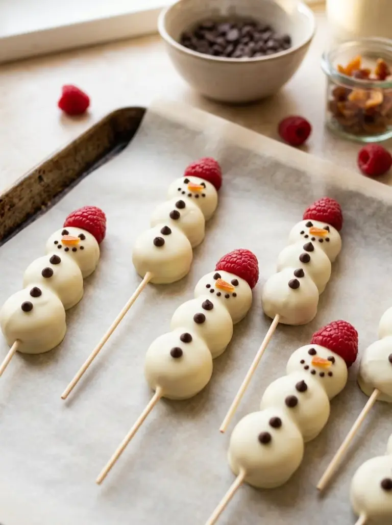 Cute Banana Snowmen made with bananas, chocolate chips, and marshmallows for winter fun.
