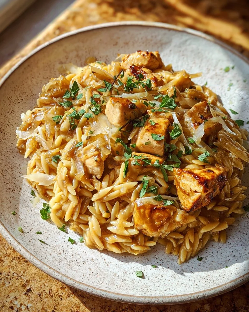Creamy French Onion Chicken Orzo Casserole