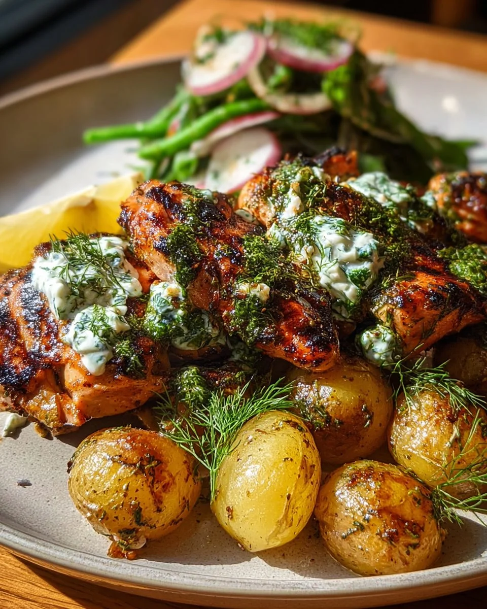 Spicy Yogurt Marinated Chicken with Crispy Baby Potatoes and Dill Feta Cream