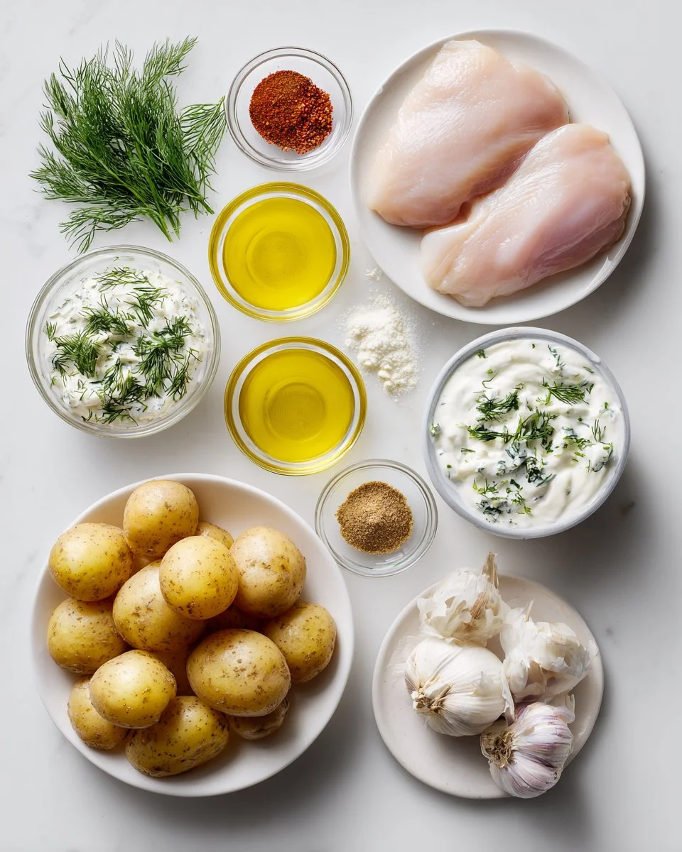 Spicy Yogurt Marinated Chicken with Dill Feta Cream & Crispy Baby Potatoes