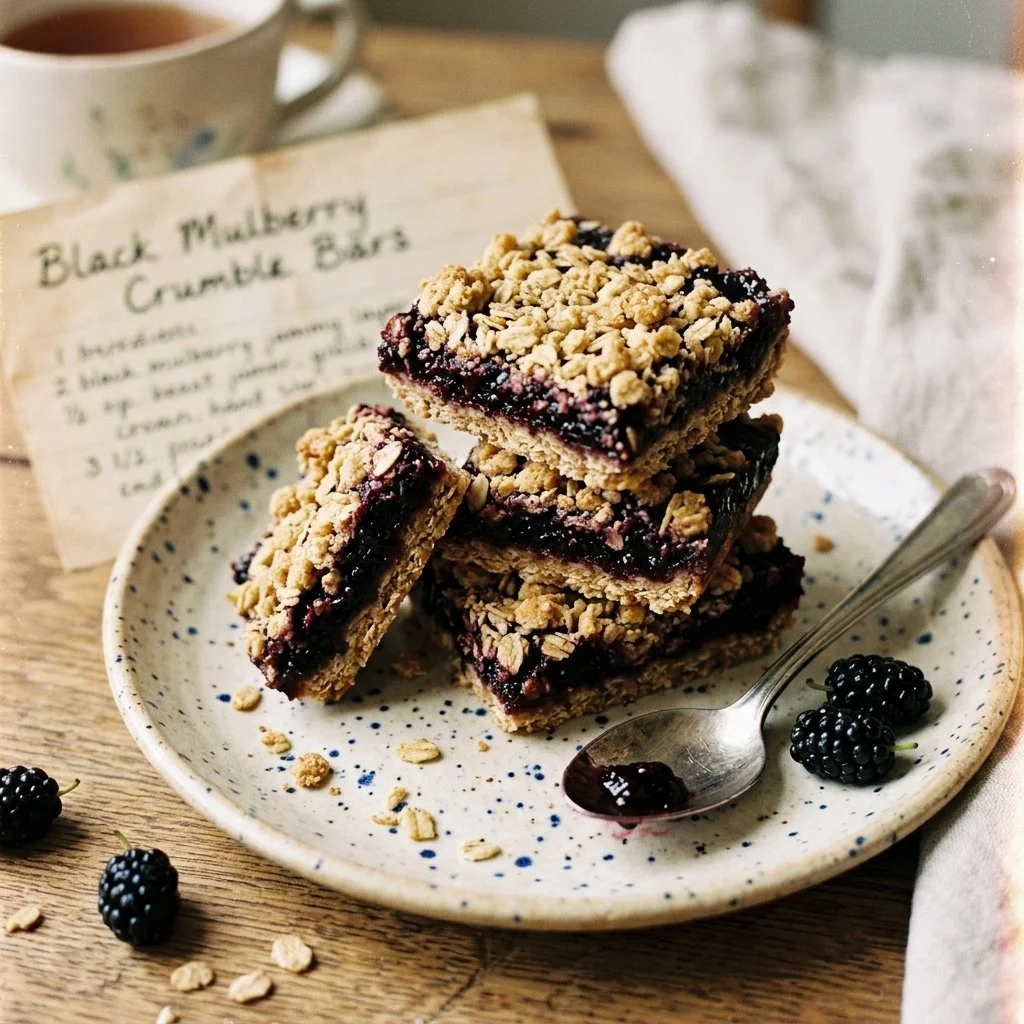 Delicious Black Mulberry Crumble Bar topped with oats and mulberries