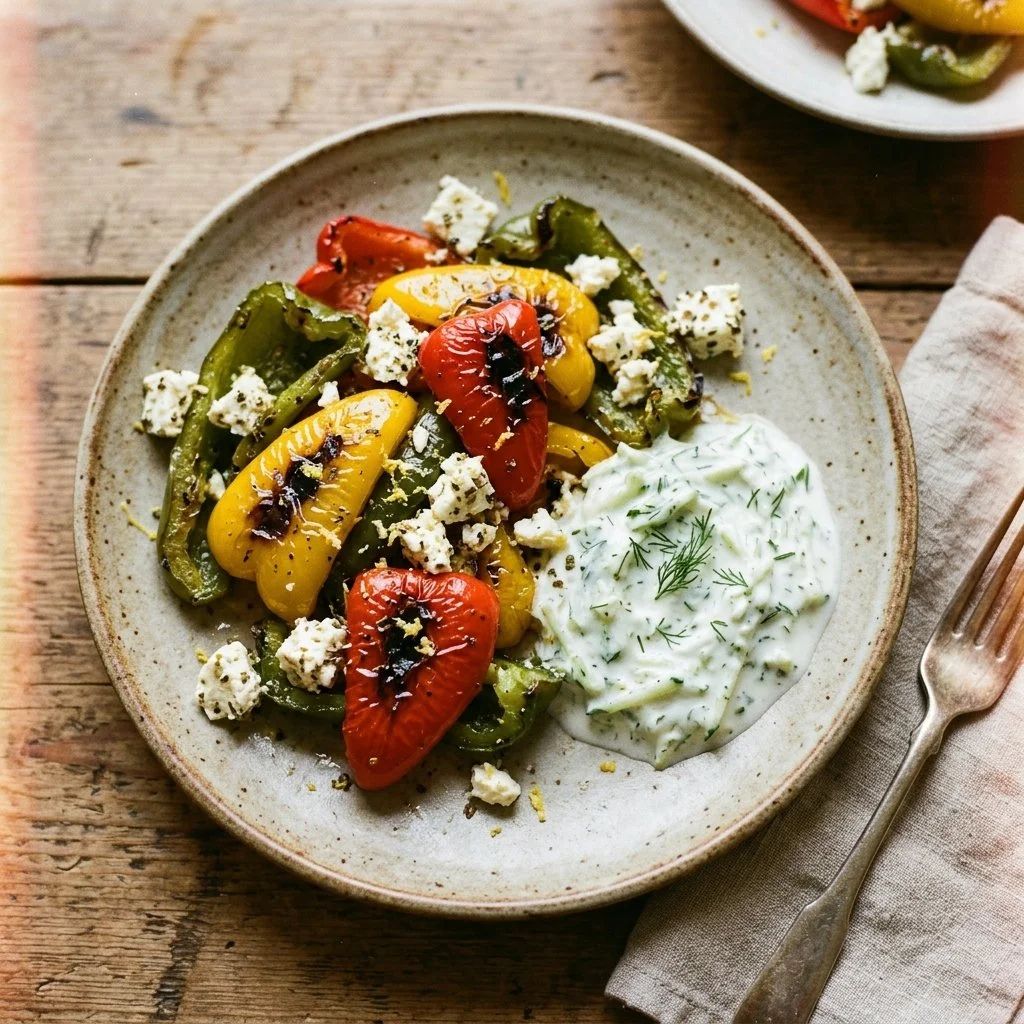 Plate of charred peppers with marinated feta and tzatziki sauce