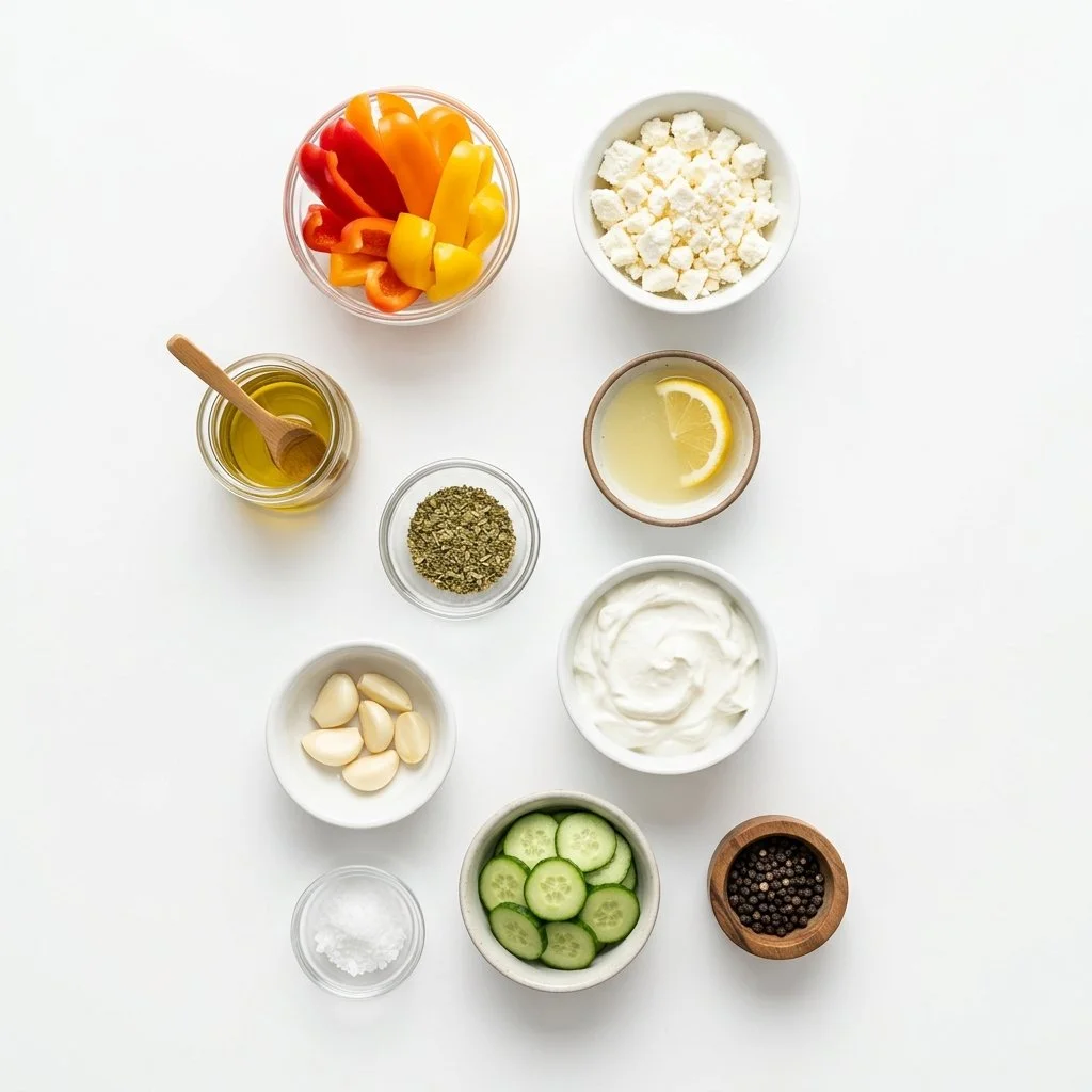 Charred Peppers with Marinated Feta and Tzatziki