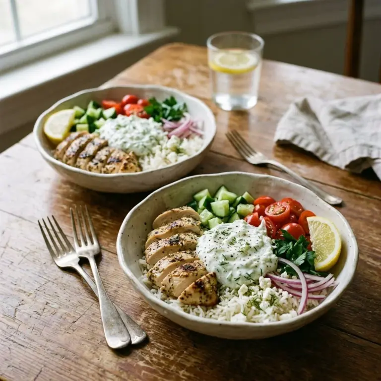 Delicious Chicken Tzatziki Rice Bowl topped with fresh vegetables and yogurt sauce.