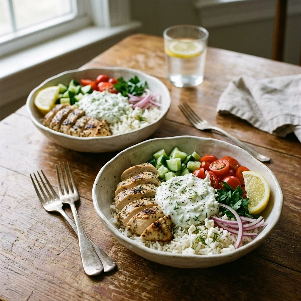 Delicious Chicken Tzatziki Rice Bowl topped with fresh vegetables and yogurt sauce.