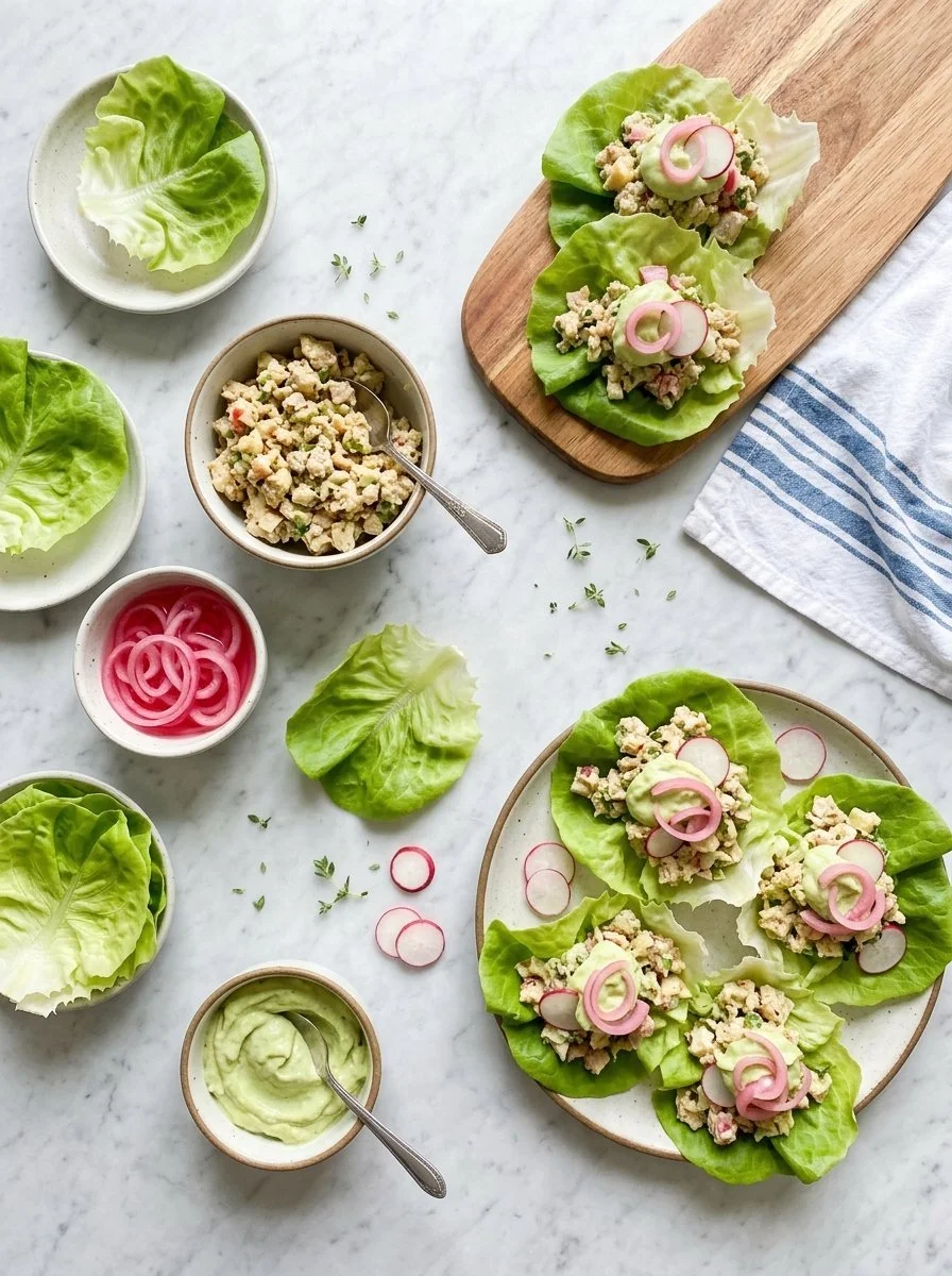 Chickpea salad wraps drizzled with avocado dill sauce on a plate.