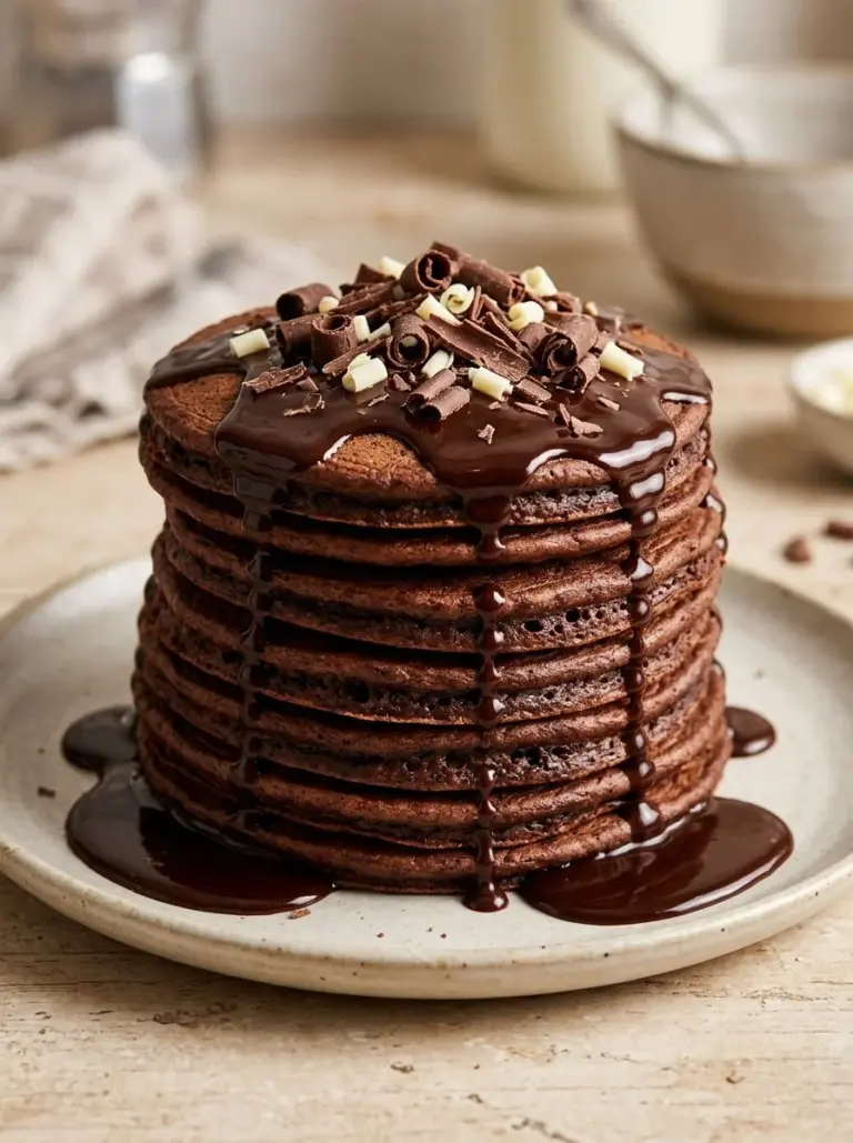 Delicious gluten-free chocolate almond flour pancakes topped with syrup and berries