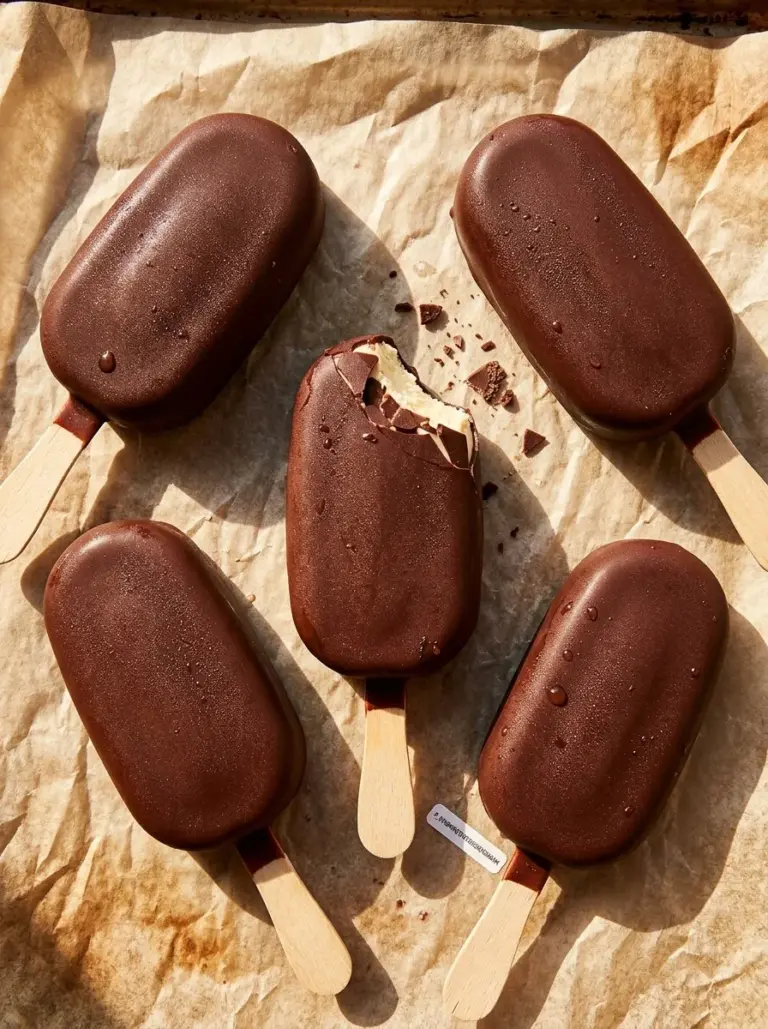 Chocolate covered banana ice cream bars served on a plate